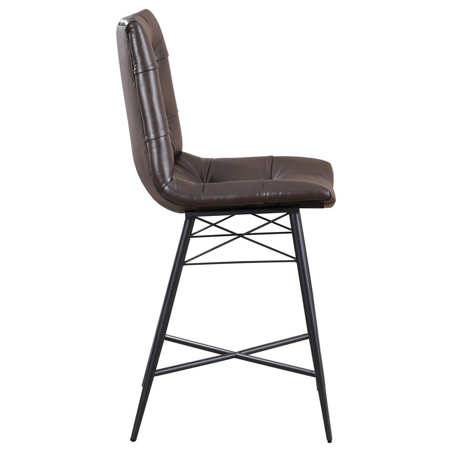 Brown faux leather bar stool with tufted back and black metal legs