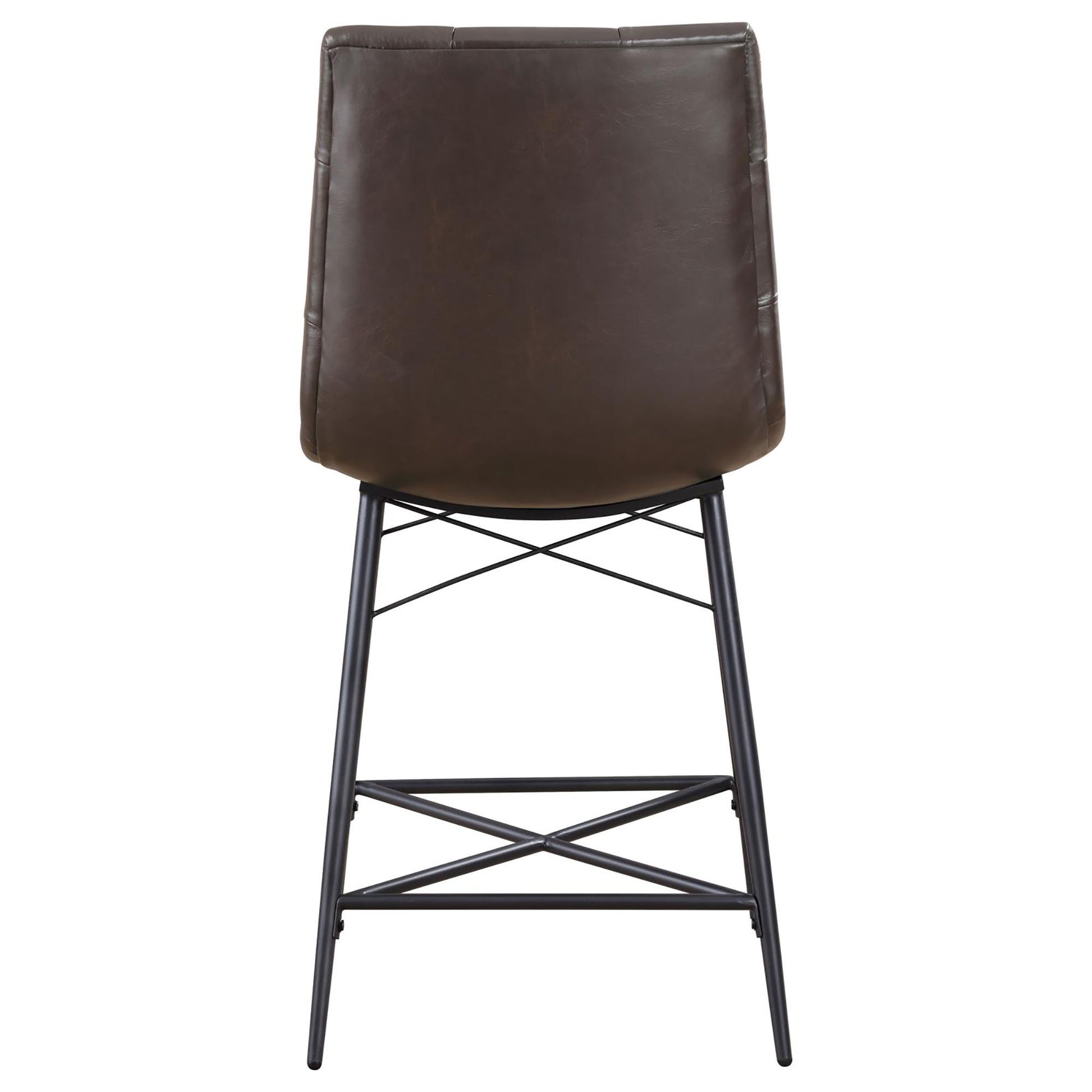 Dark brown faux leather tufted back bar stool with black metal legs and footrest