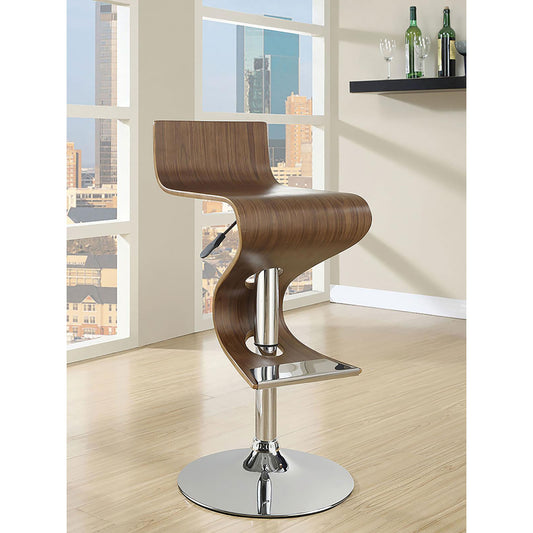 Modern walnut veneer bar stool with chrome base and adjustable height setting