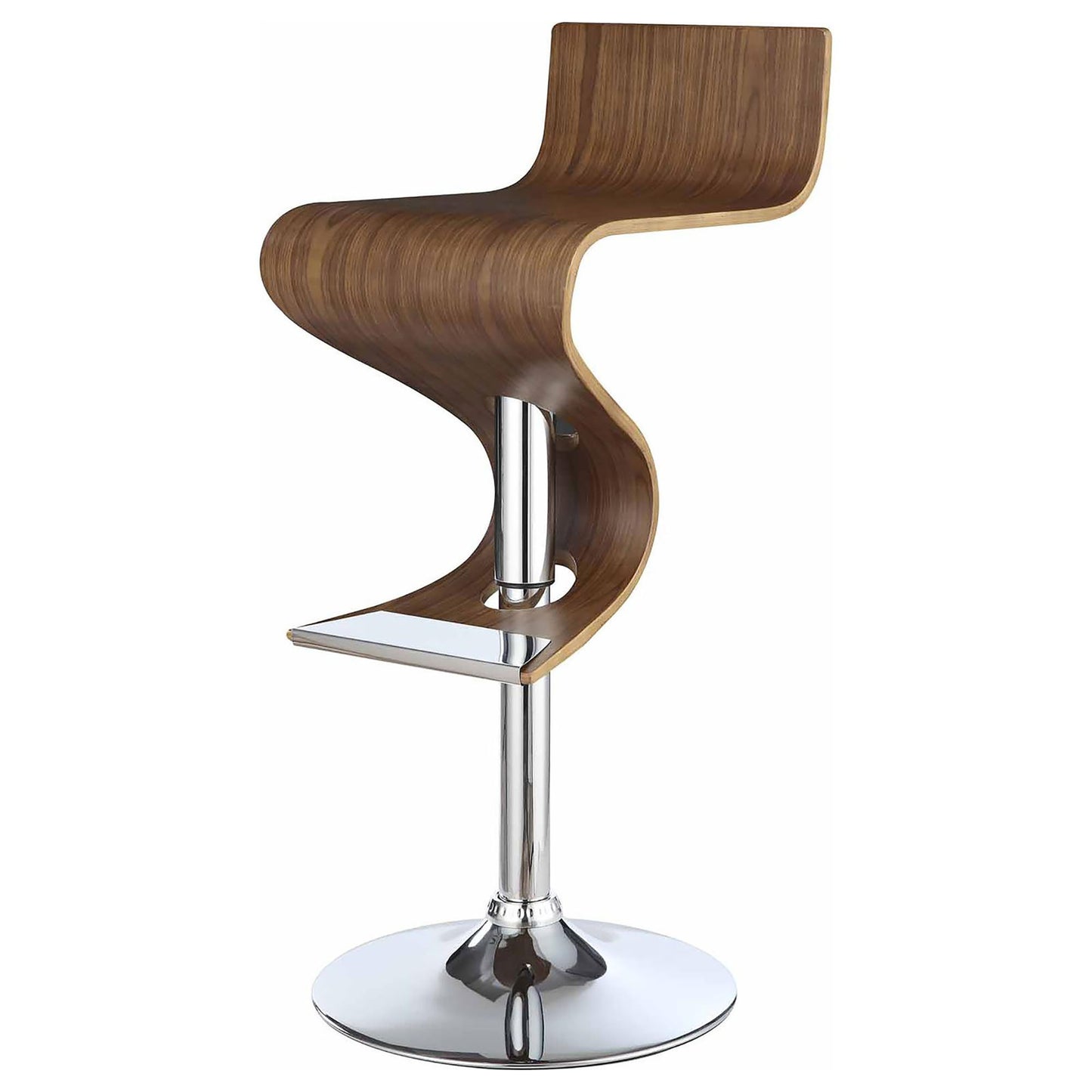 Modern curved walnut wood bar stool with chrome base and footrest