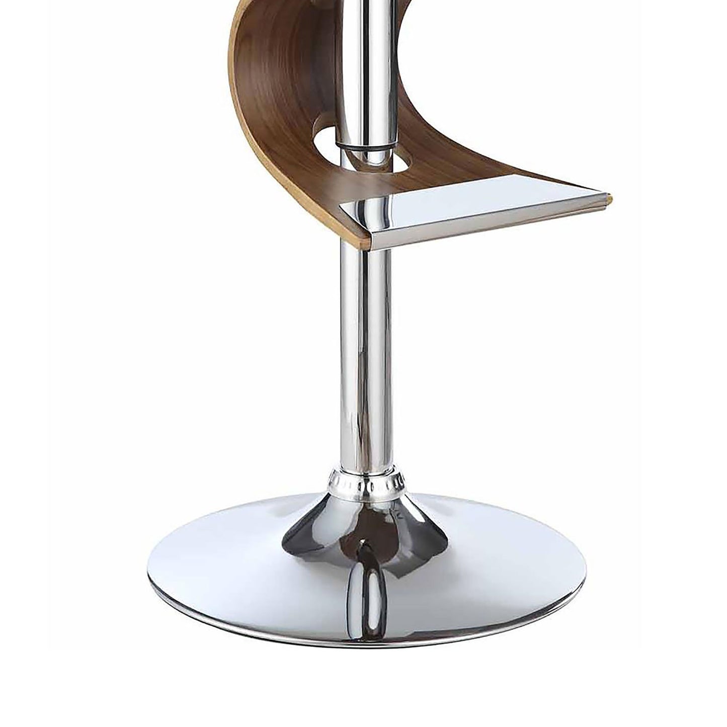 Chrome bar stool with curved walnut seat and sleek silver footrest