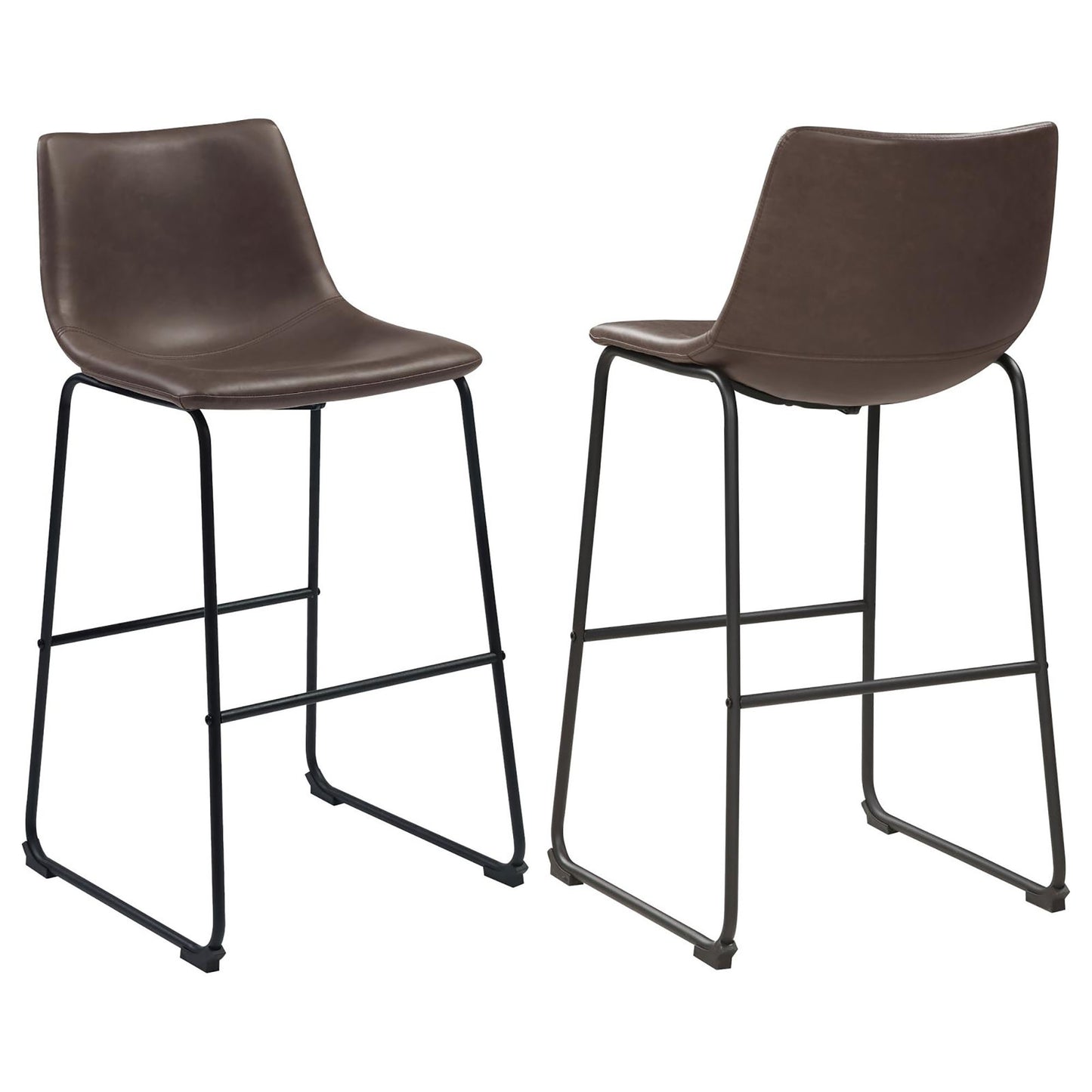 Brown faux leather bar stool with curved back and black metal frame