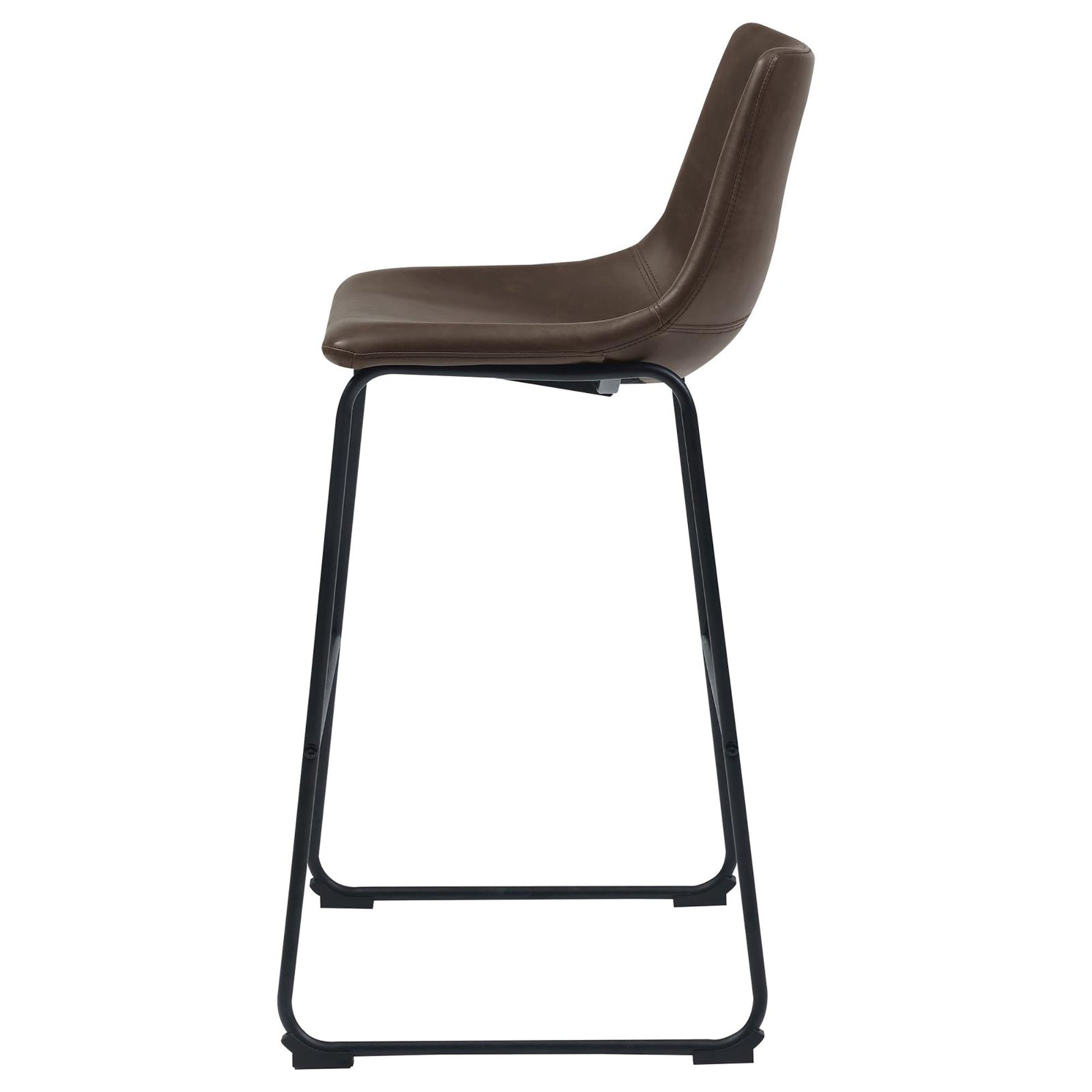 Brown faux leather bar stool with black metal frame and supportive footrest