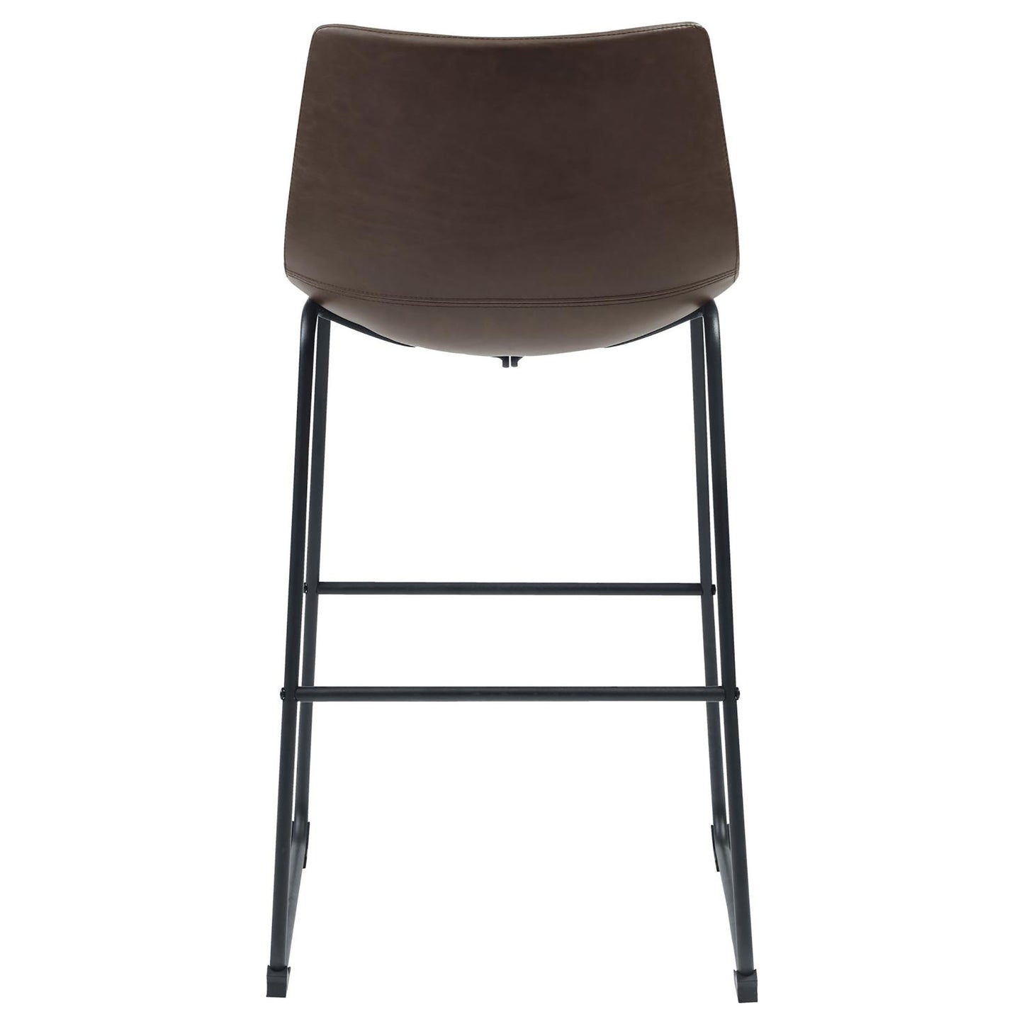 Brown leather bar stool with curved back and black metal legs