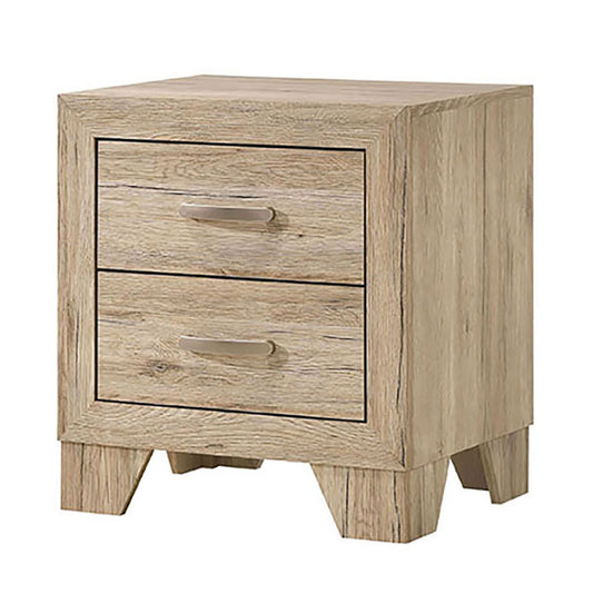 Rustic light oak wood nightstand with two drawers and silver pull handles