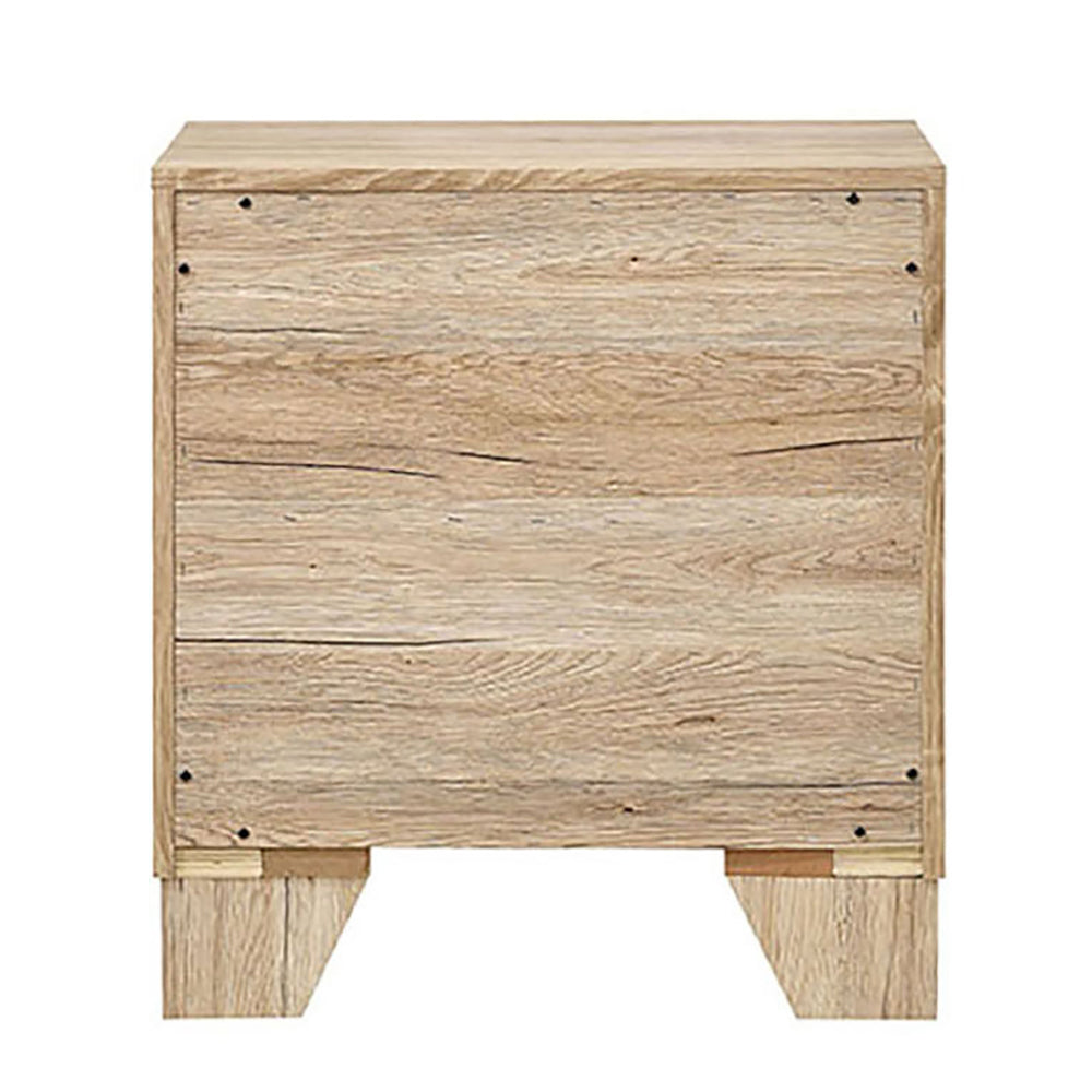 Light oak woodgrain finish nightstand with visible screw details on the side