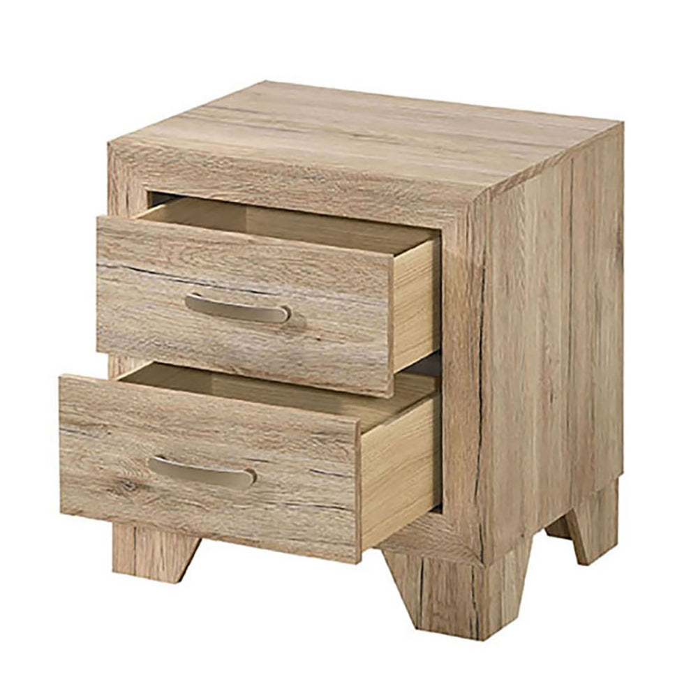 Light oak wood effect bedside table with two drawers and silver handles