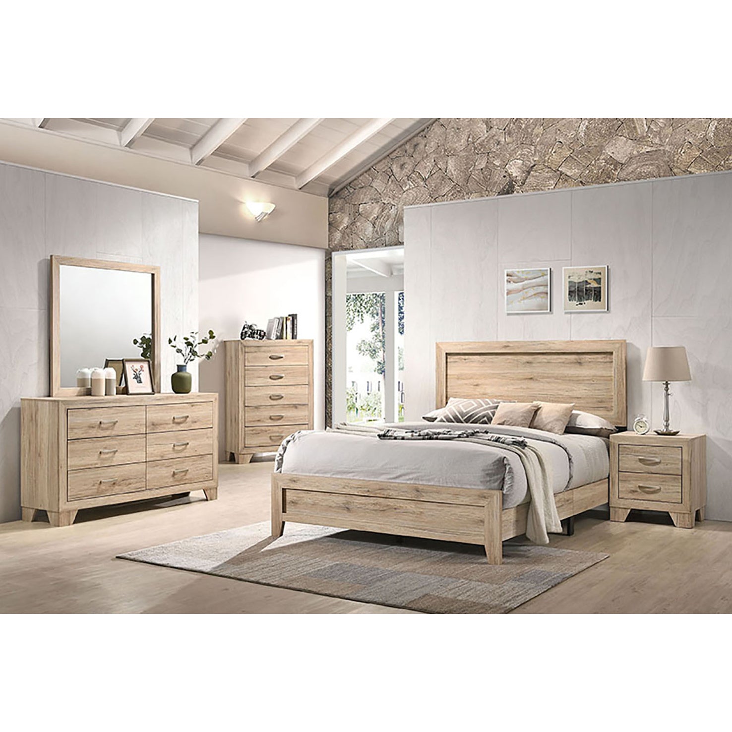 Natural wood queen bed frame with matching nightstand and dresser for a rustic bedroom