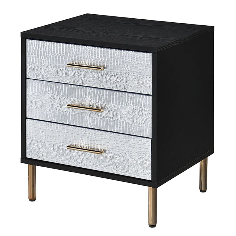 Black nightstand with three textured silver drawers and gold handles