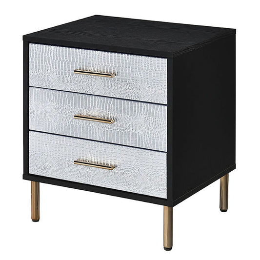 Black nightstand with three textured silver drawers and gold handles