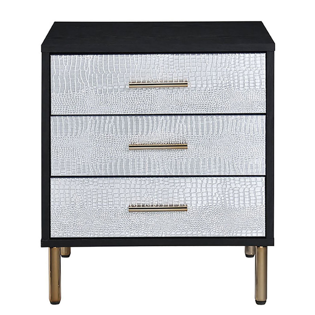 Black and white crocembossed drawer nightstand with gold hardware and legs