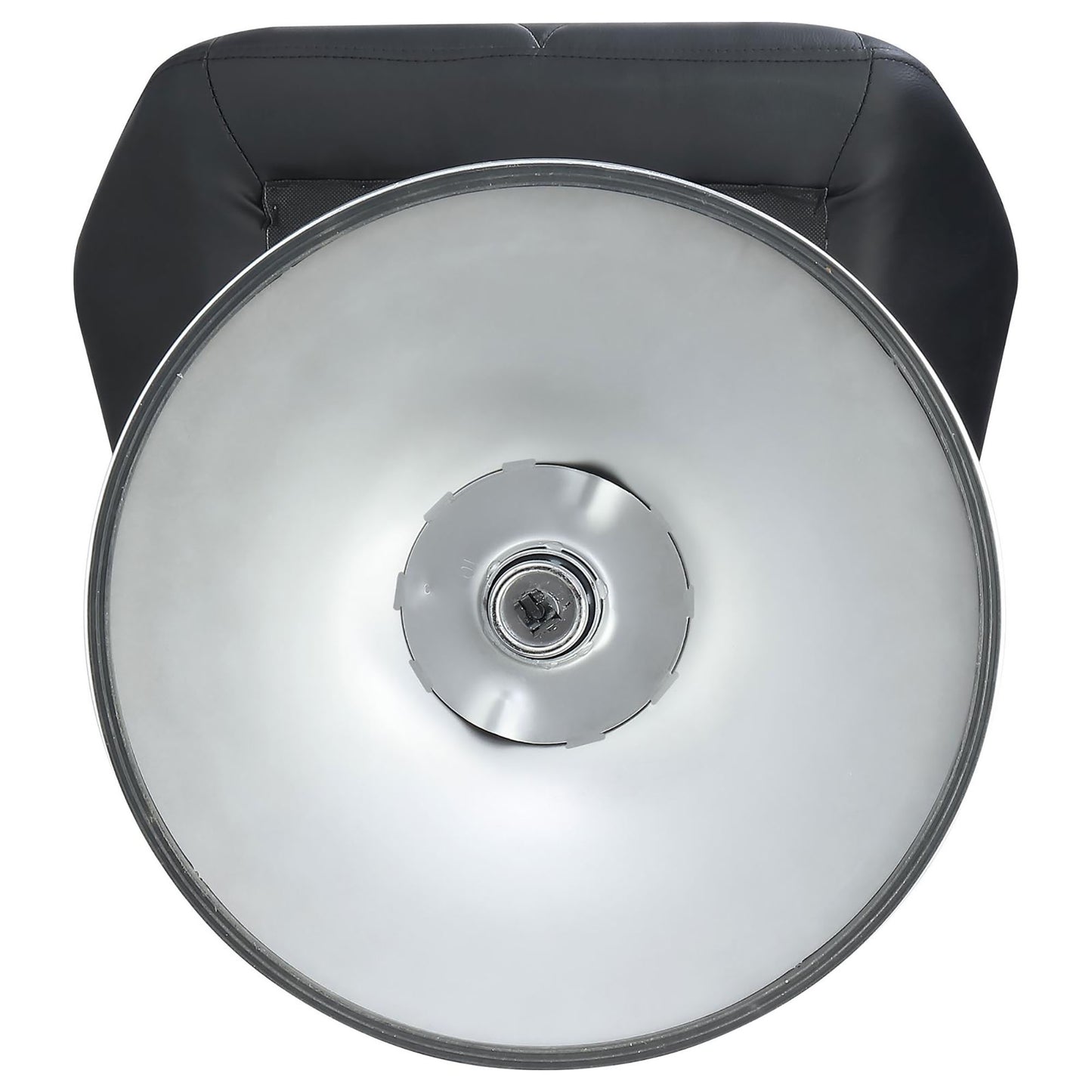 Top view of a black leather bar stool seat with a polished chrome base