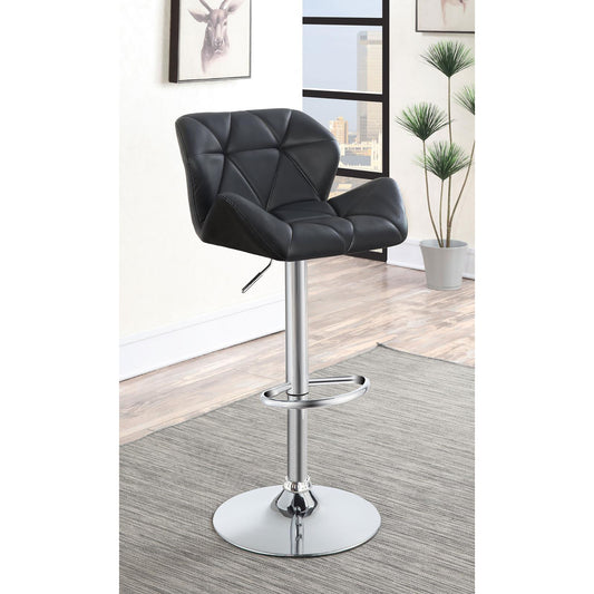Black faux leather bar stool with diamond tufting and chrome base