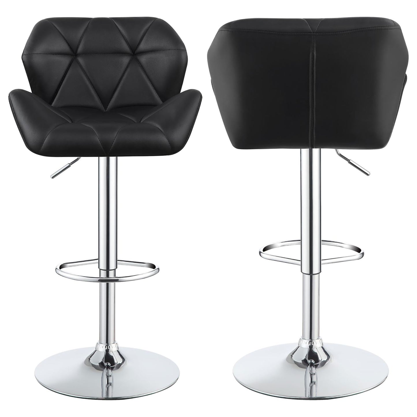 Black faux leather bar stool with diamond tufting and chrome base adjustable height