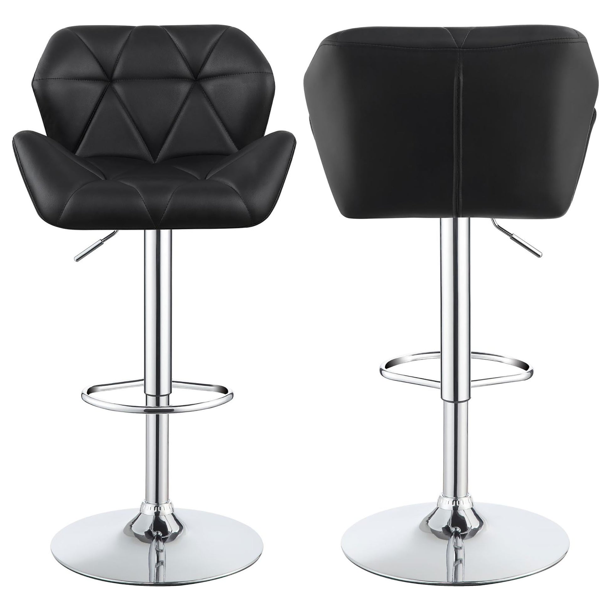 Black faux leather bar stool with diamond tufting and chrome base adjustable height