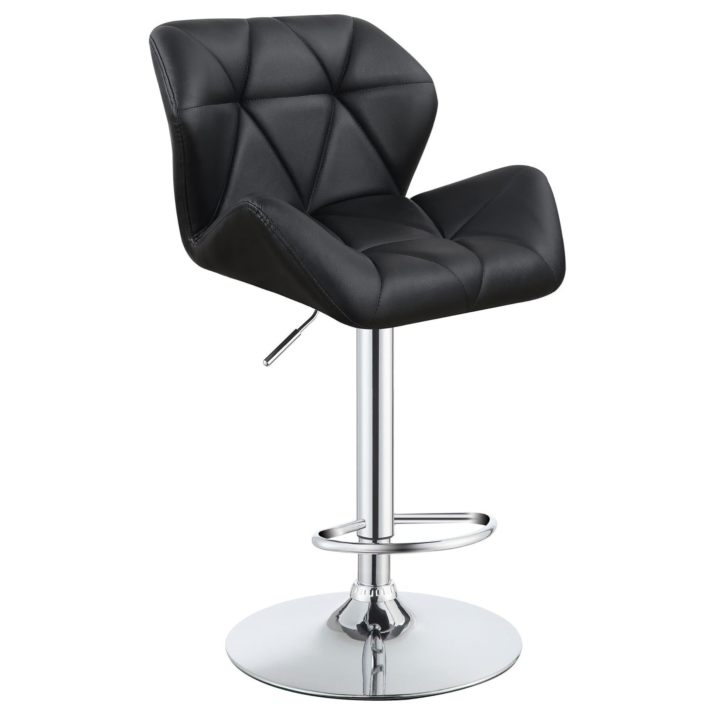 Tufted black leatherette bar stool with chrome base and adjustable height