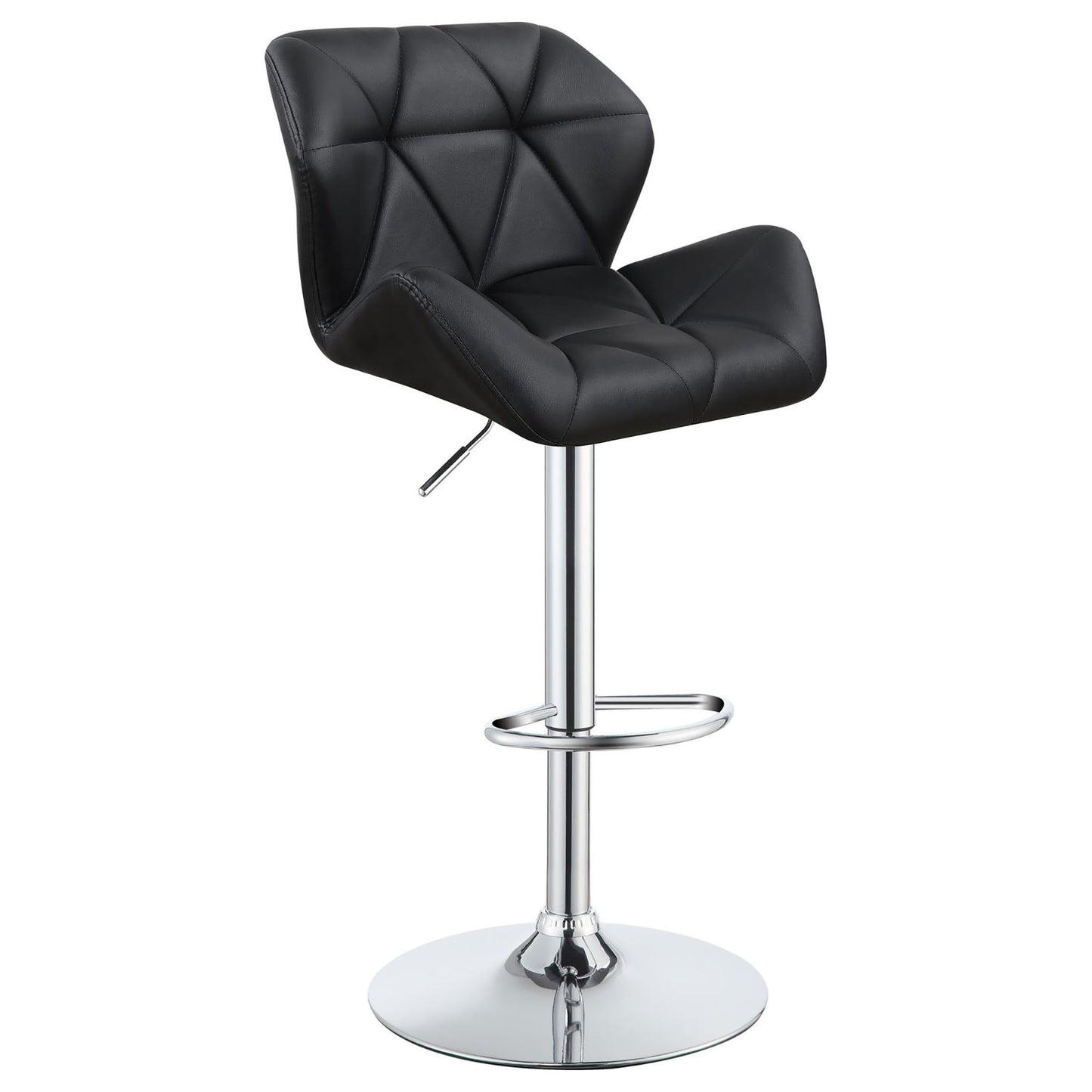 Black upholstered bar stool with diamond tufting and chrome base for modern kitchens