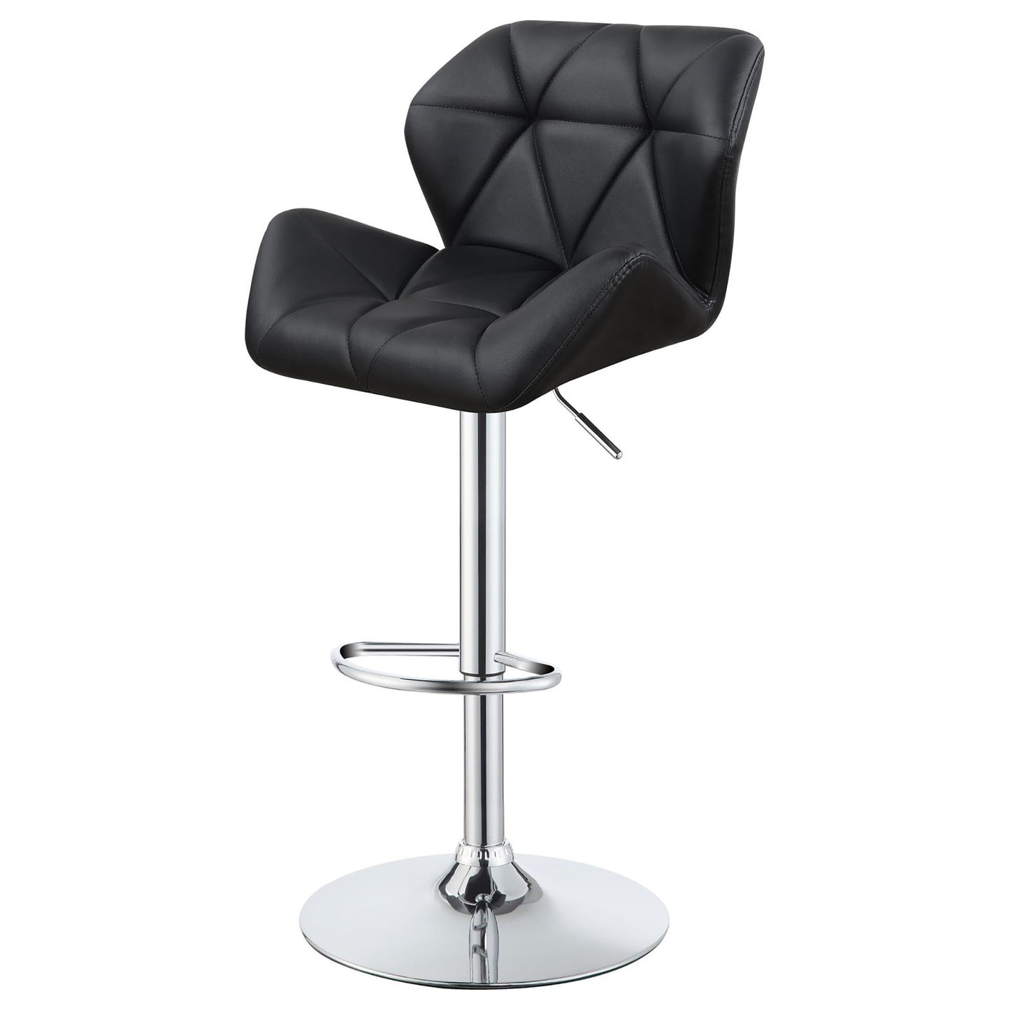 Black diamondstitched faux leather bar stool with adjustable height and chrome base