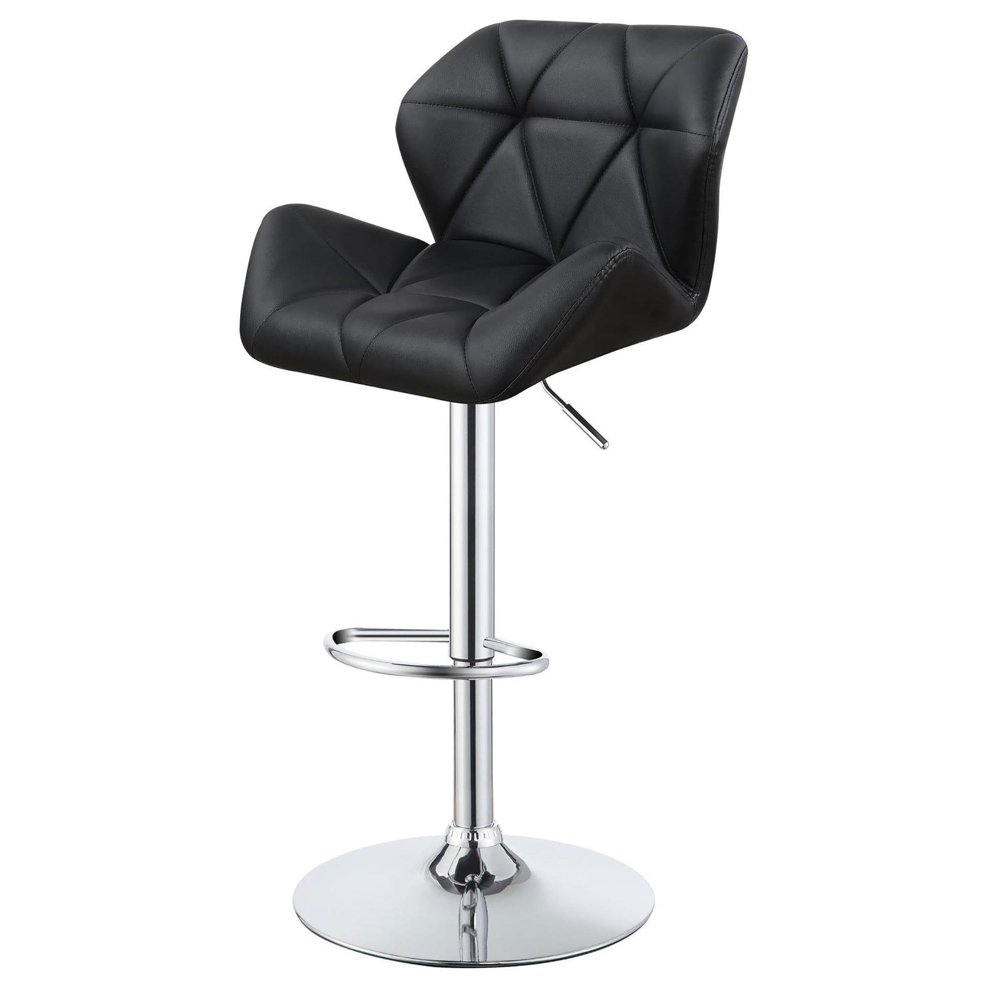 Black diamondstitched faux leather bar stool with adjustable height and chrome base