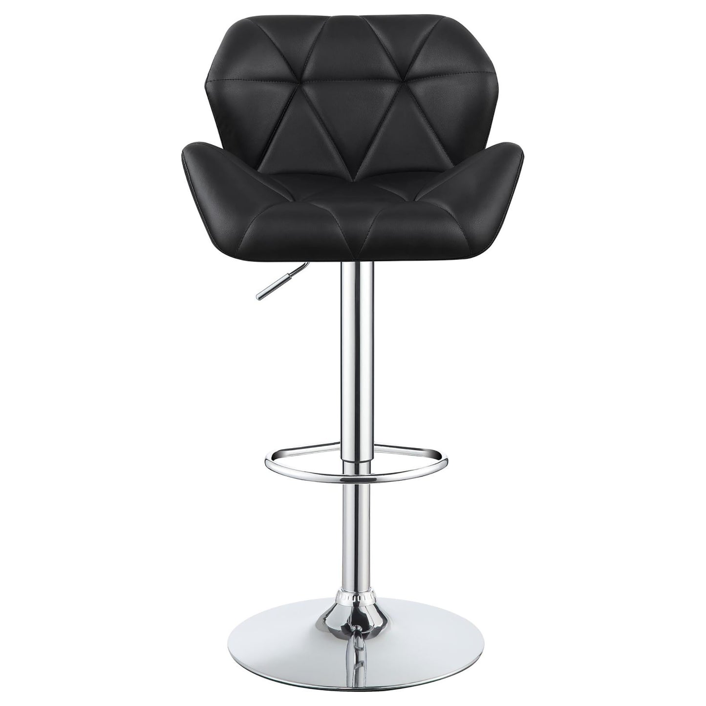 Black leather bar stool with tufted backrest and chrome base
