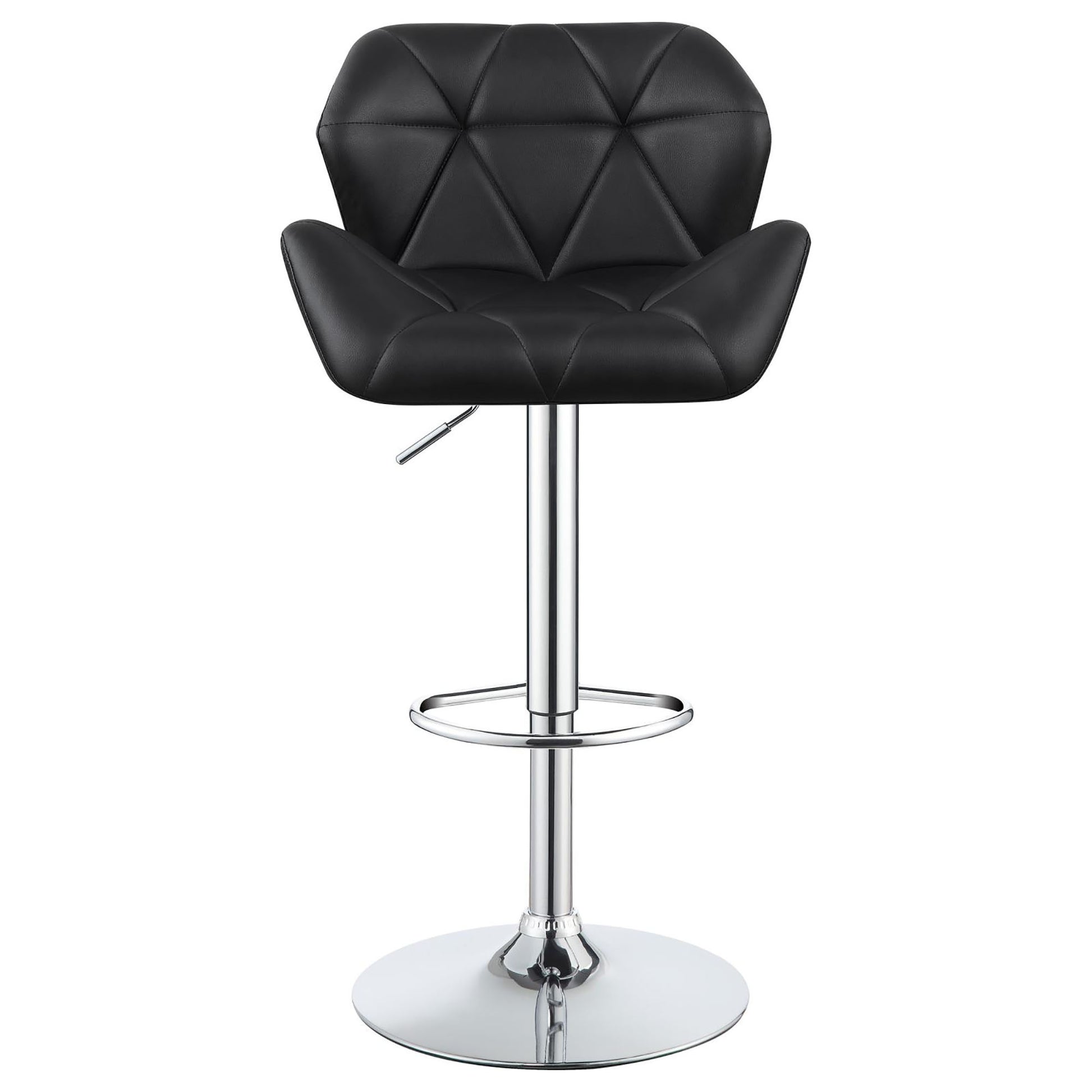 Black leather bar stool with tufted backrest and chrome base
