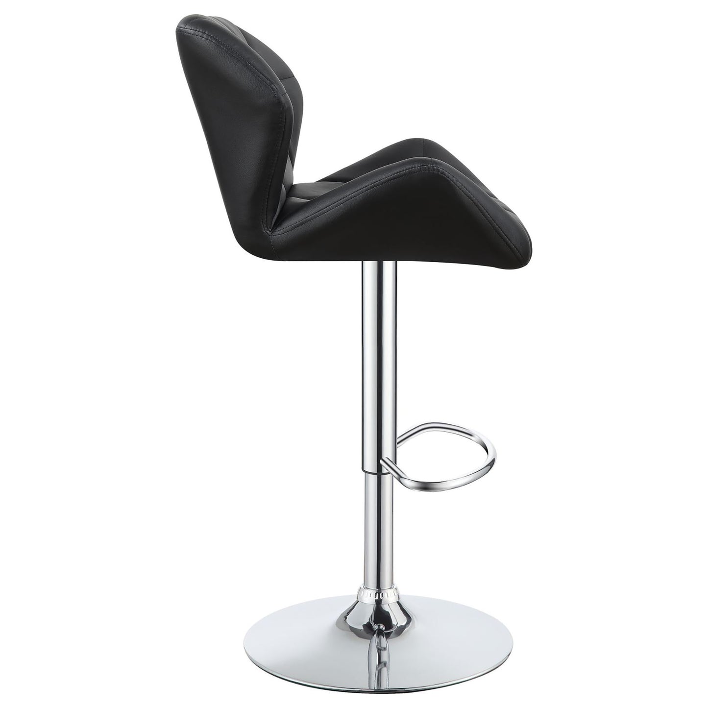 Black leather adjustable bar stool with chrome base and footrest