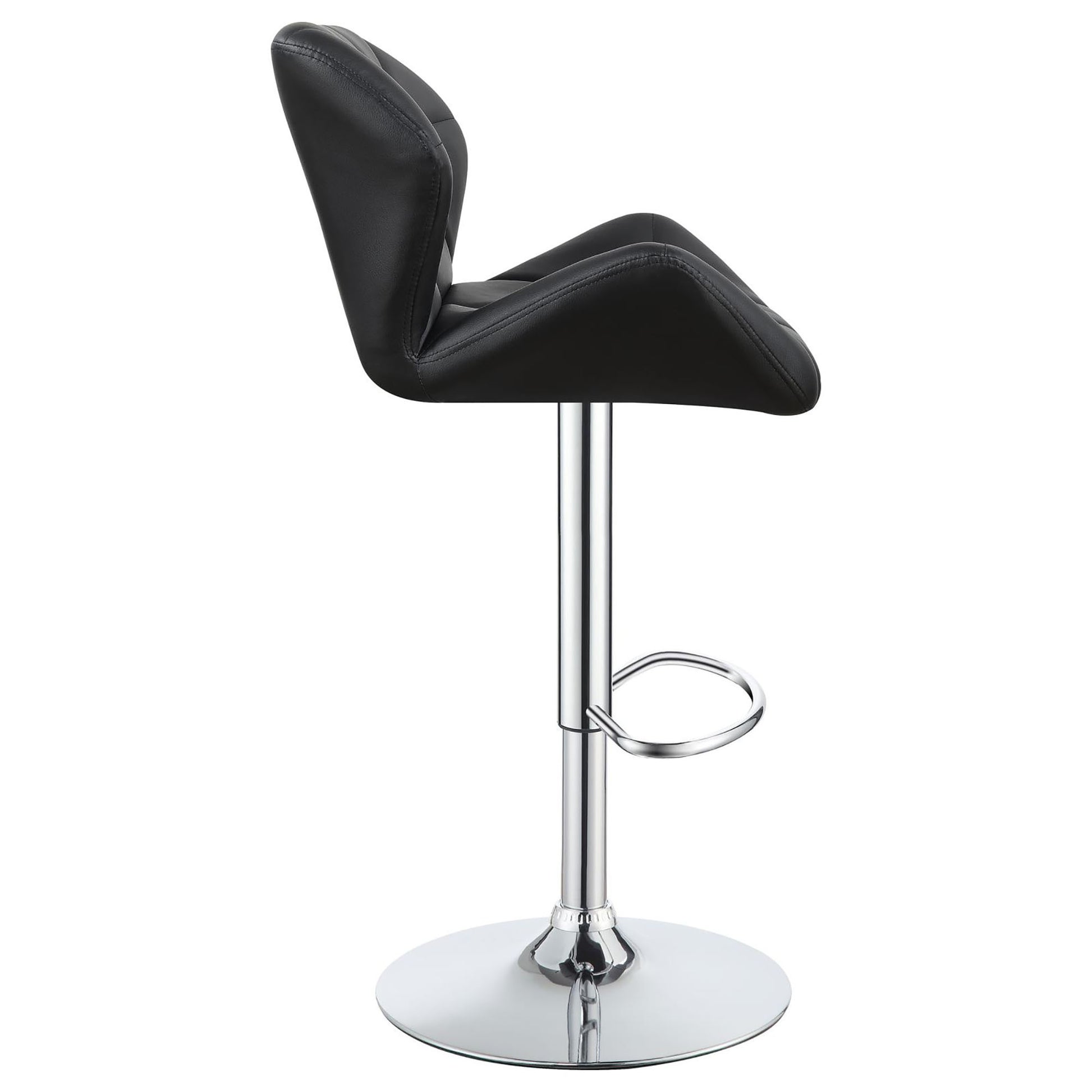 Black leather adjustable bar stool with chrome base and footrest