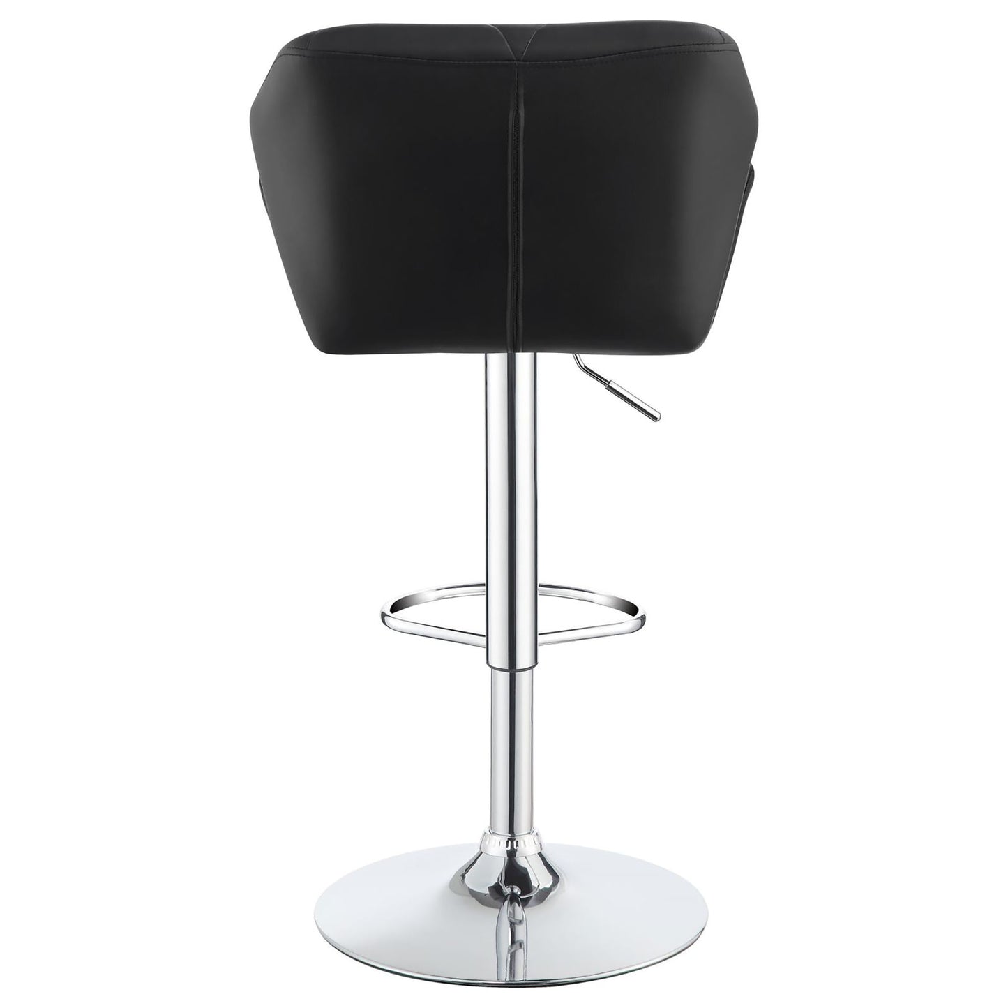 Black leather bar stool with adjustable height and chrome base