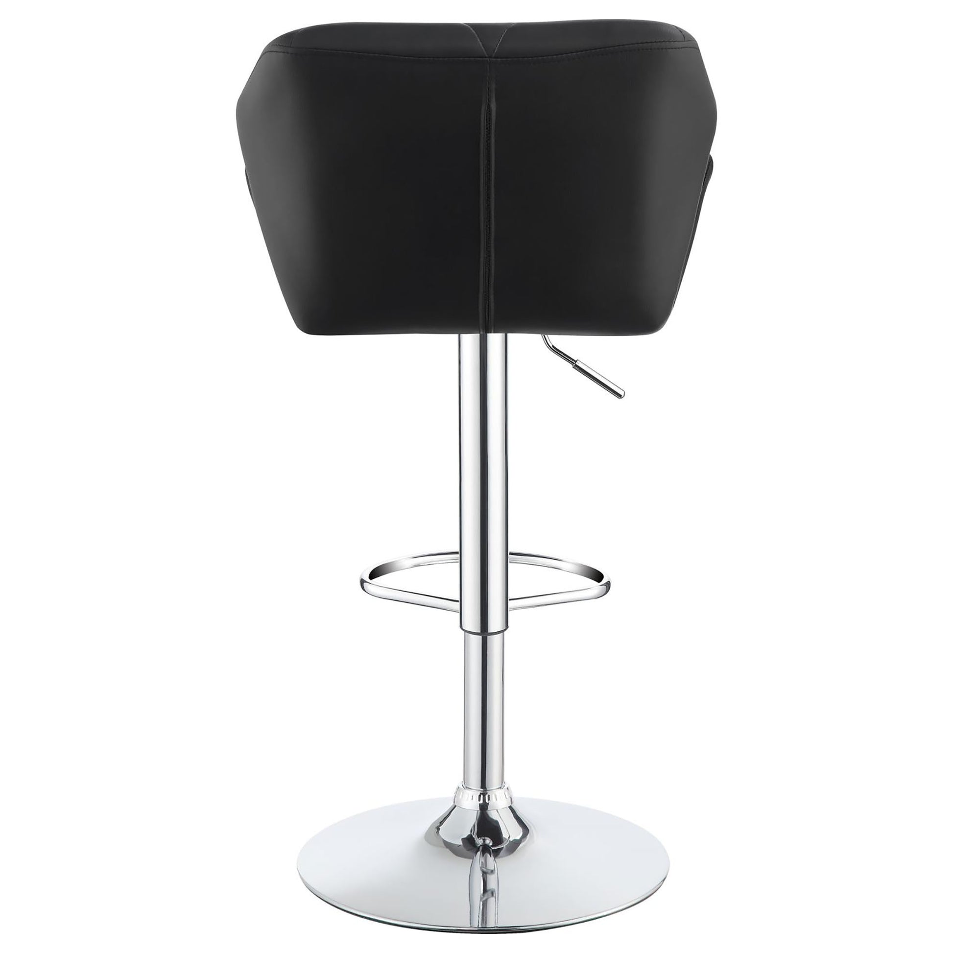 Black leather bar stool with adjustable height and chrome base
