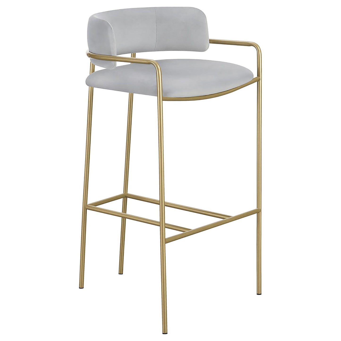 Light gray velvet bar stool with curved back and gold metal legs
