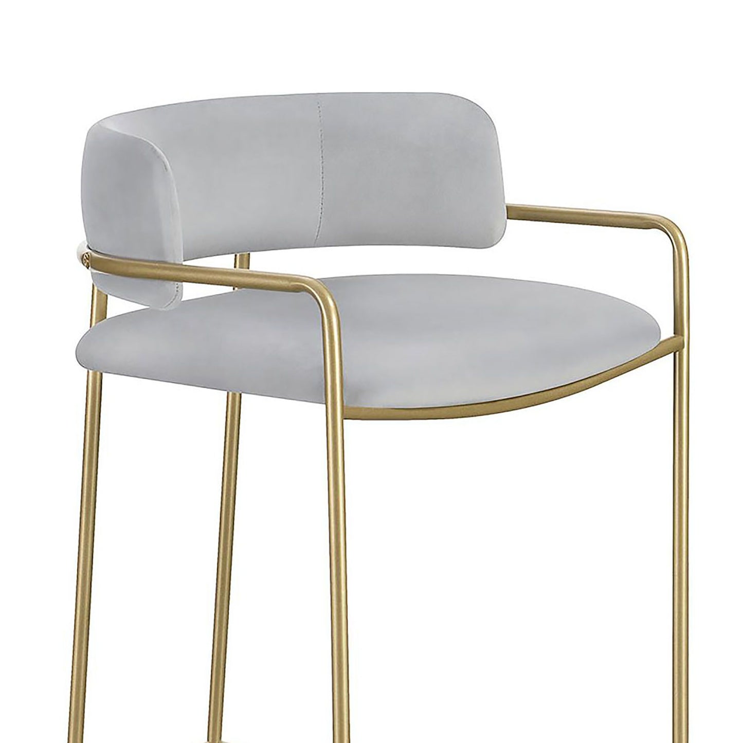 Gray velvet counter stool with gold metal legs and arms