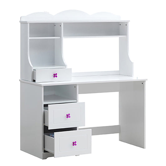 White modern childrens desk with shelves and purple drawer pulls for a kids room