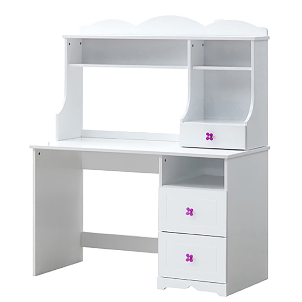White childrens desk with hutch and purple floral drawer pulls