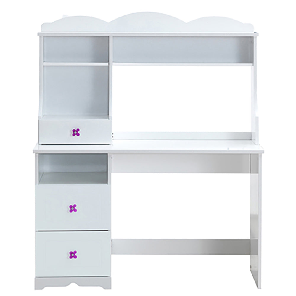 White study desk with hutch and purple flower drawer pulls