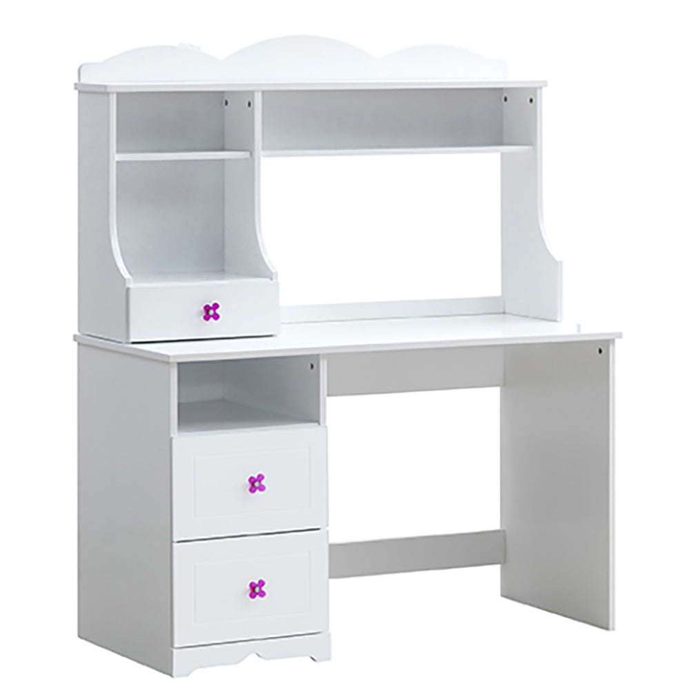 White wooden kids desk with shelf and drawers purple flower pulls