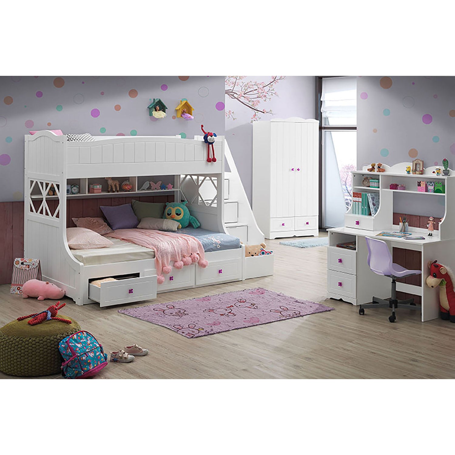 White wooden bunk bed with storage drawers and shelves ideal for kids rooms