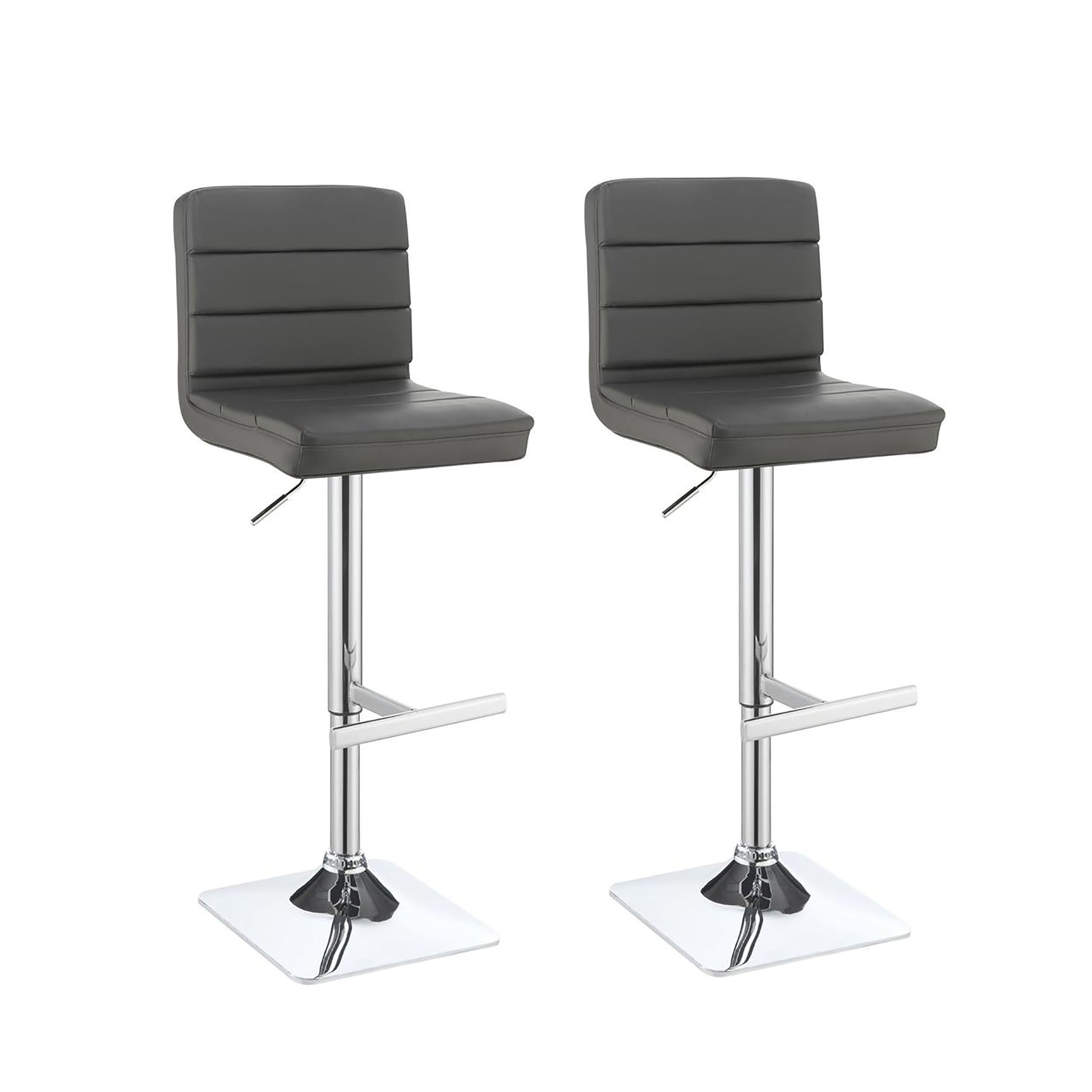 Pair of modern grey leatherette bar stools with adjustable chrome base