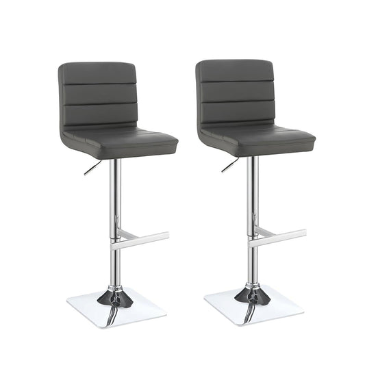 Pair of modern grey leatherette bar stools with adjustable chrome base
