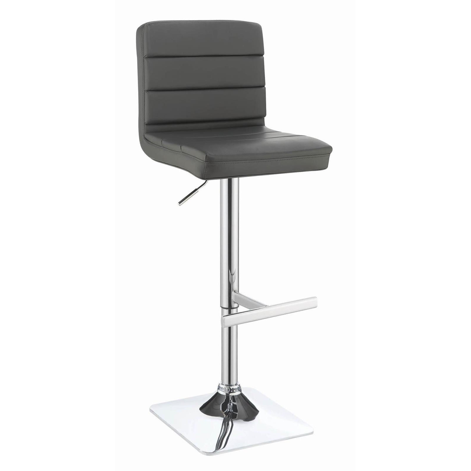 Adjustable grey faux leather bar stool with chrome base and footrest