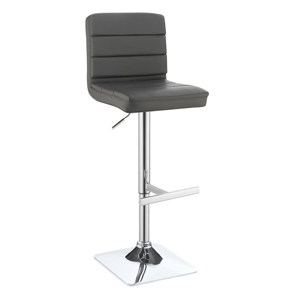 Modern grey faux leather bar stool with chrome adjustable base and footrest
