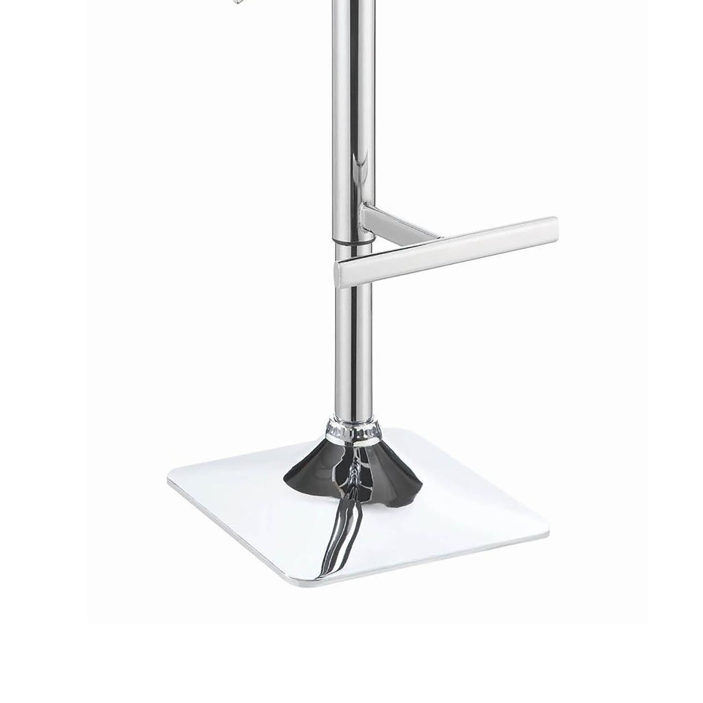 Polished chrome adjustable bar stool base with a square footrest and weighted pedestal