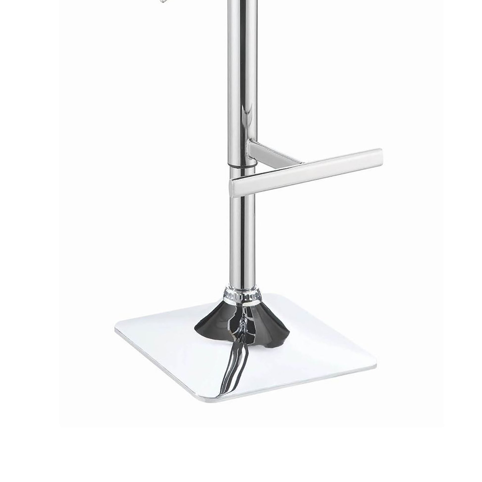 Polished chrome adjustable bar stool base with a square footrest and weighted pedestal