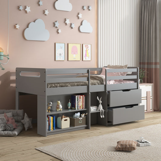 Gray loft bed with builtin bookshelves and drawers ideal for kids bedrooms