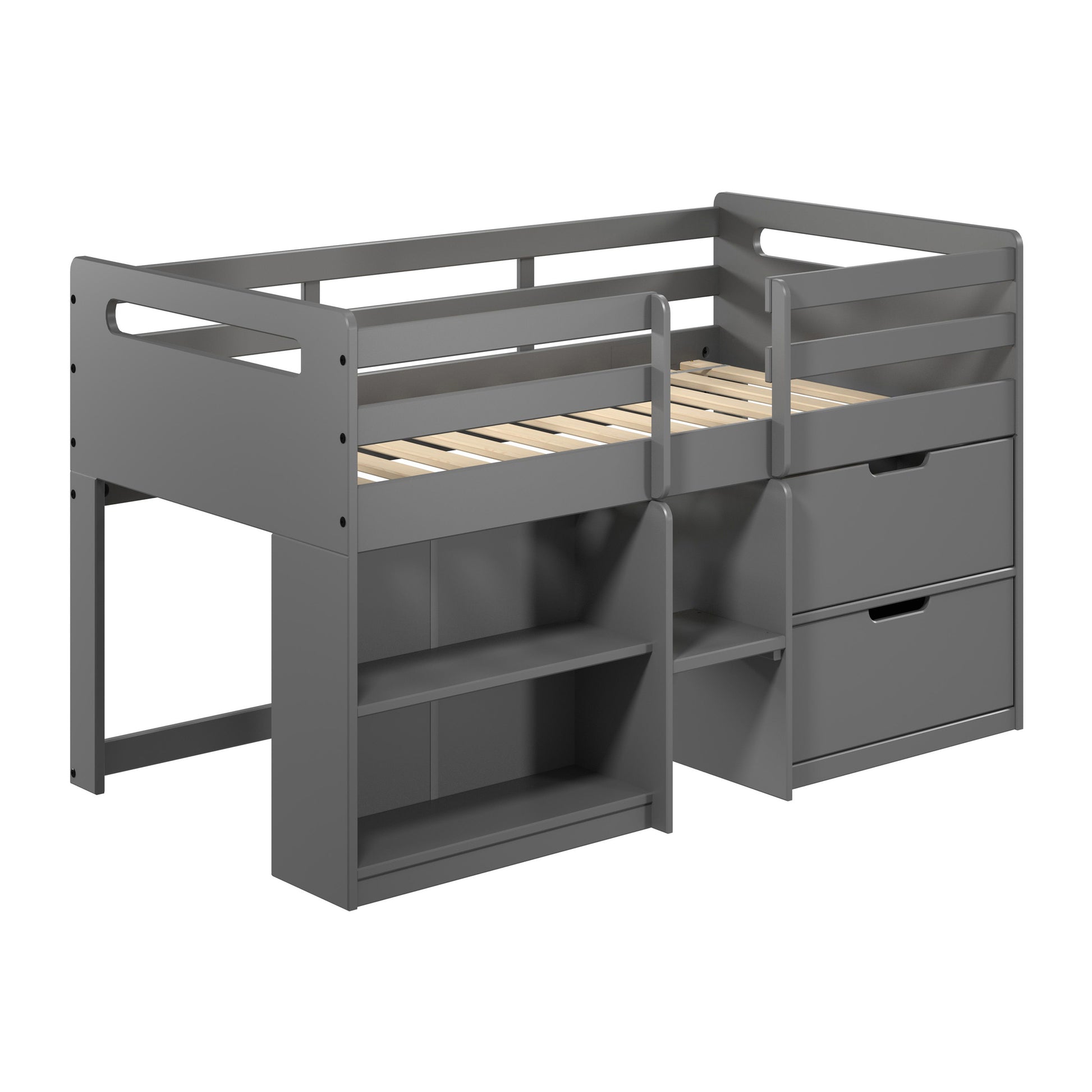 Gray loft bed with integrated shelves and drawers for kids room organization