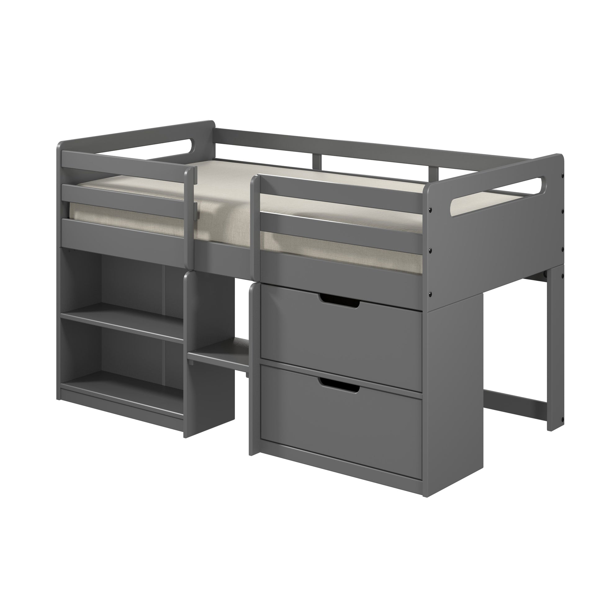 Gray loft bed with attached shelves and two drawers for kids room