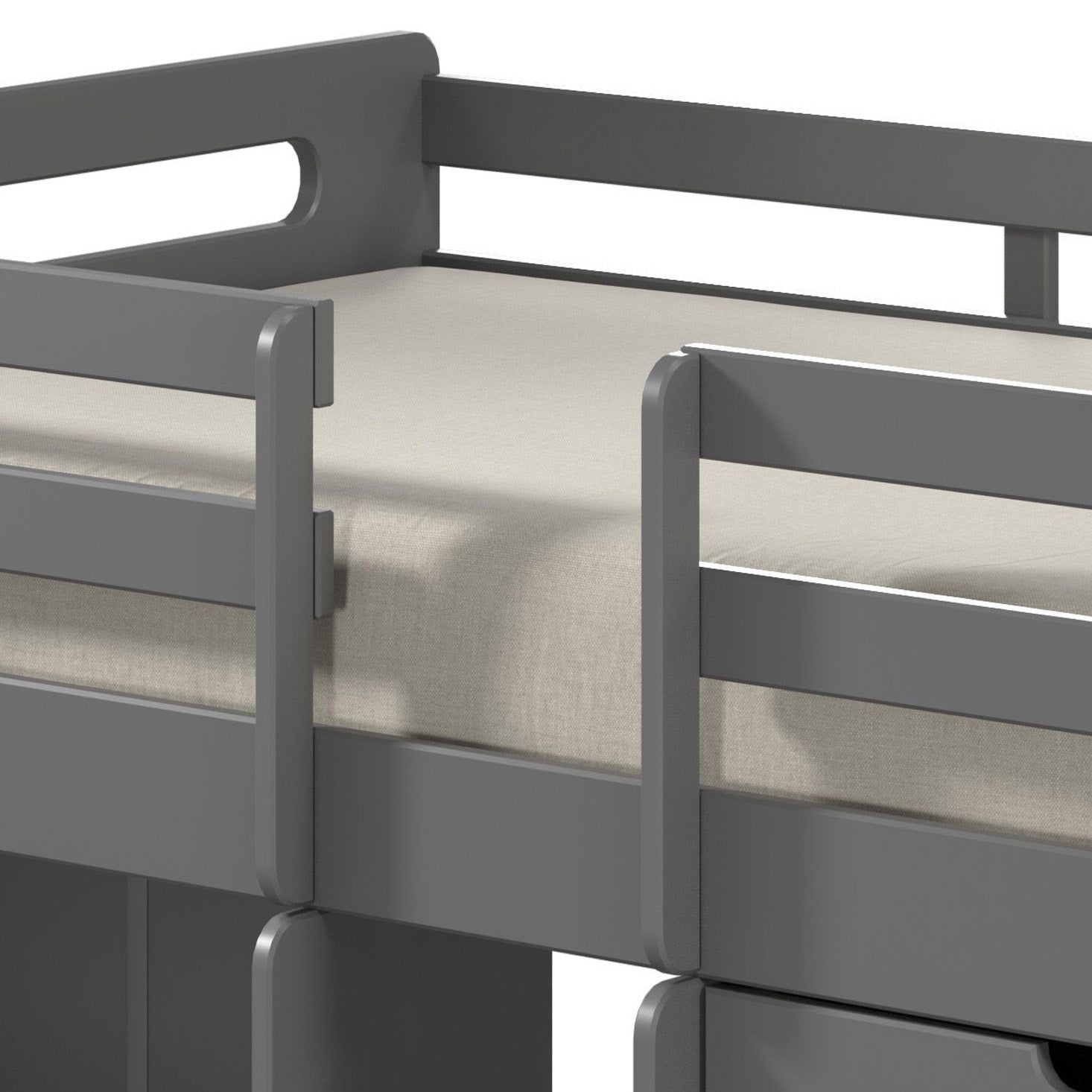 Grey wooden bunk bed with beige mattress detail