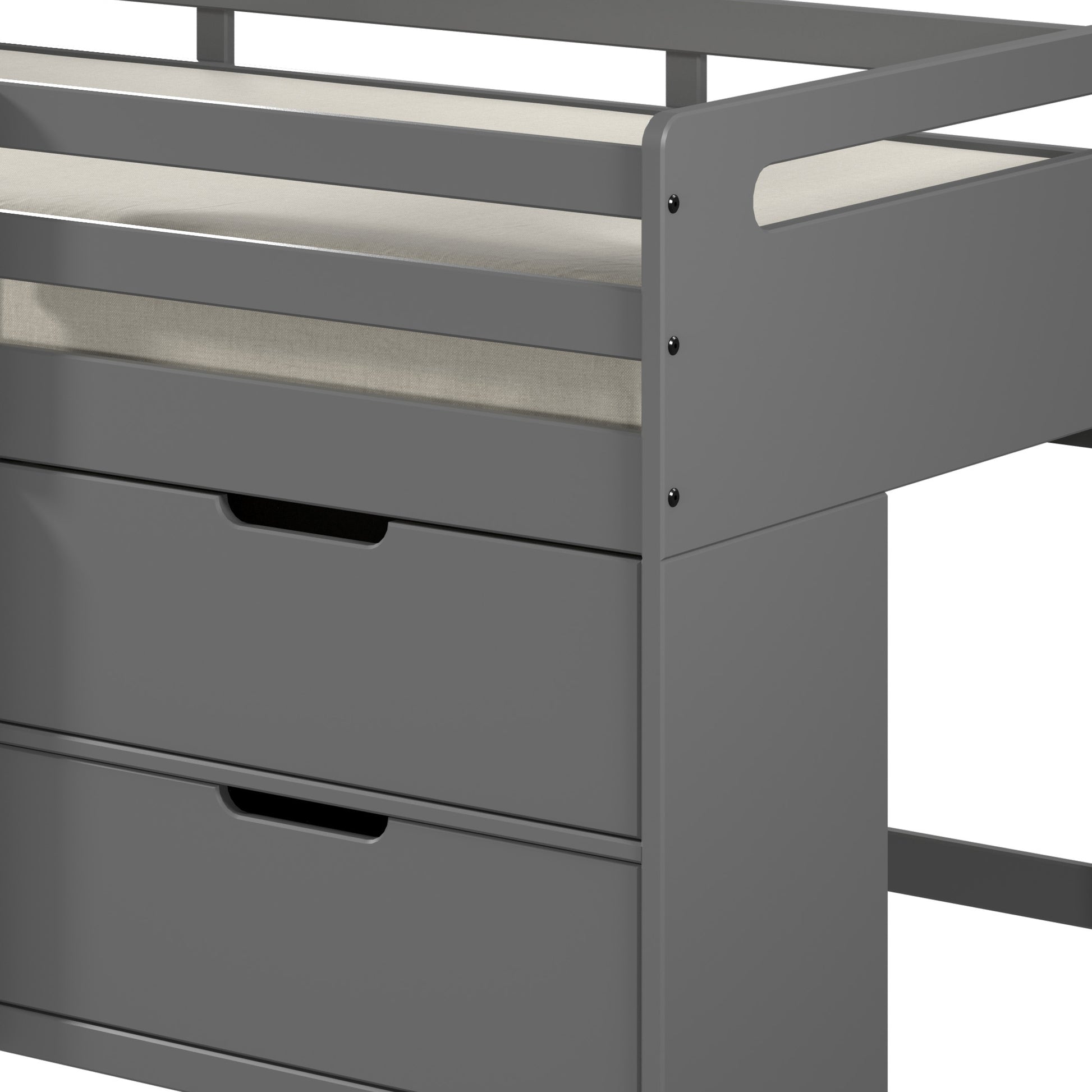 Gray loft bed with integrated drawers and light tan mattress