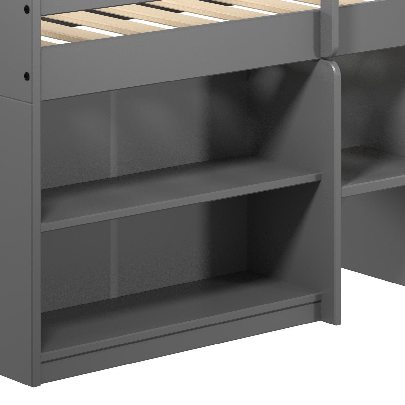 Dark gray loft bed with integrated shelving perfect for spacesaving bedroom storage solutions
