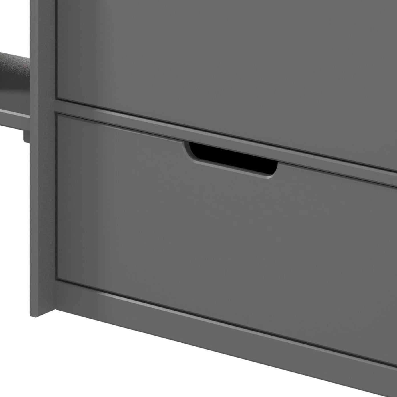 Closeup of a grey wooden drawer with a cutout handle part of a modern furniture piece