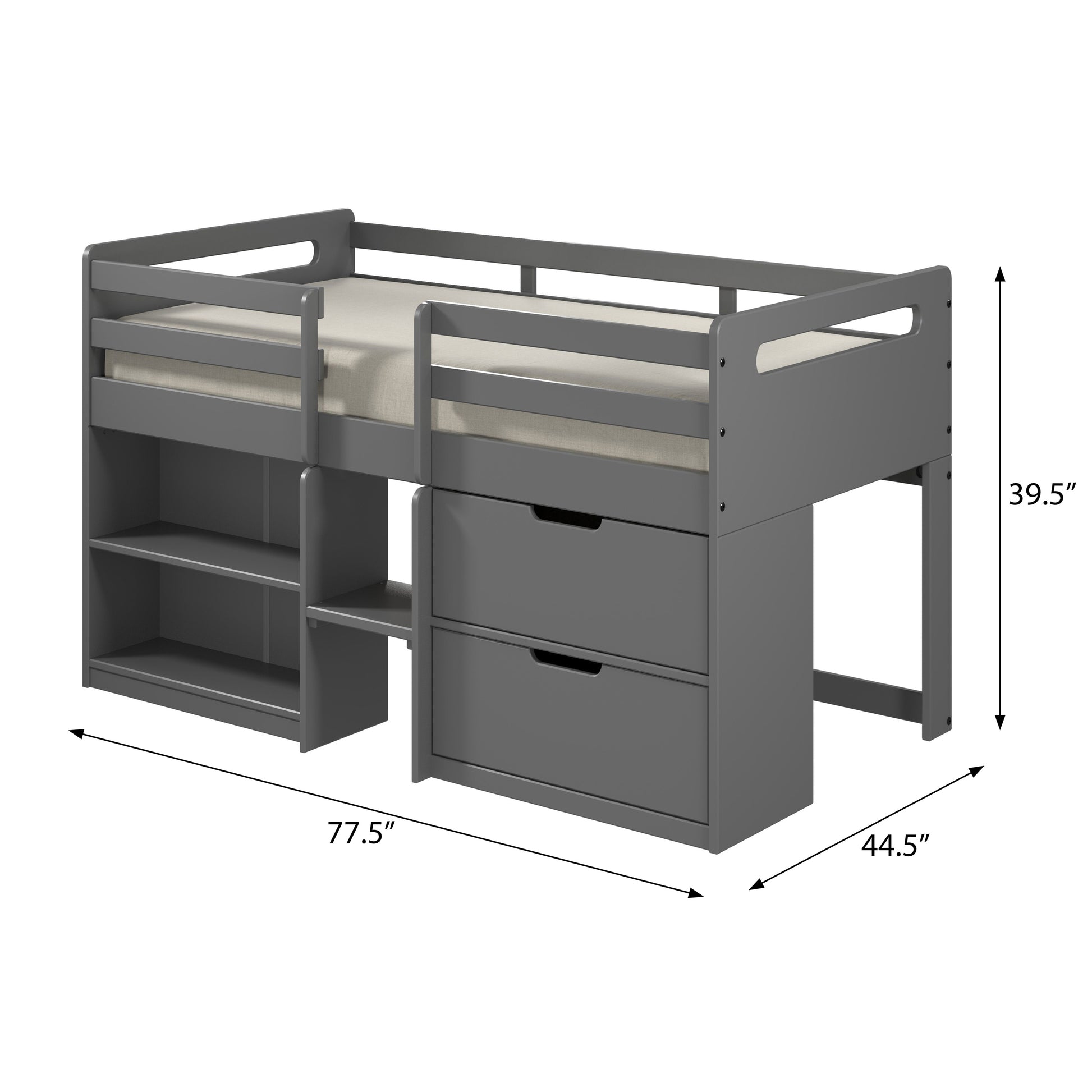 Gray twin loft bed with shelves and drawers for kids room